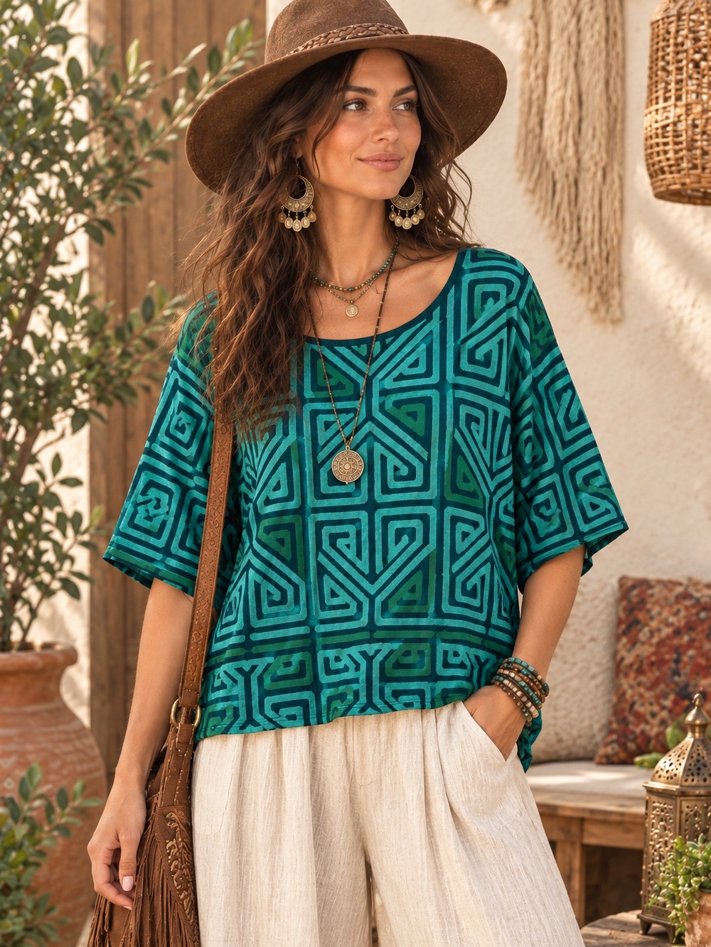 Peruvian Connection Top Green Geometric Tribal Print Pima Cotton XS/S Boho Aztec